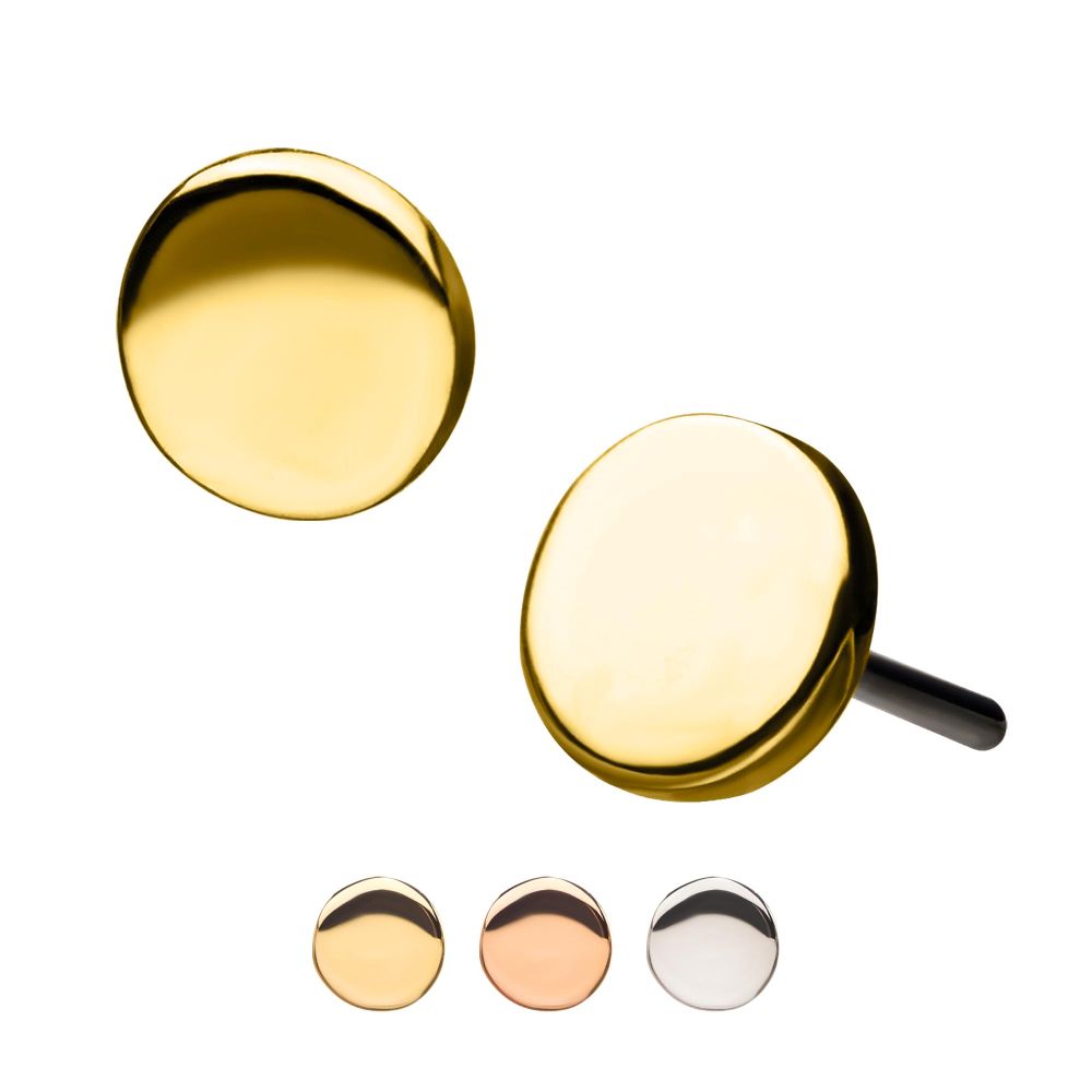 Solid 14k gold flat threadless disc top in yellow gold, white gold, and rose gold. Solid gold body jewelry.