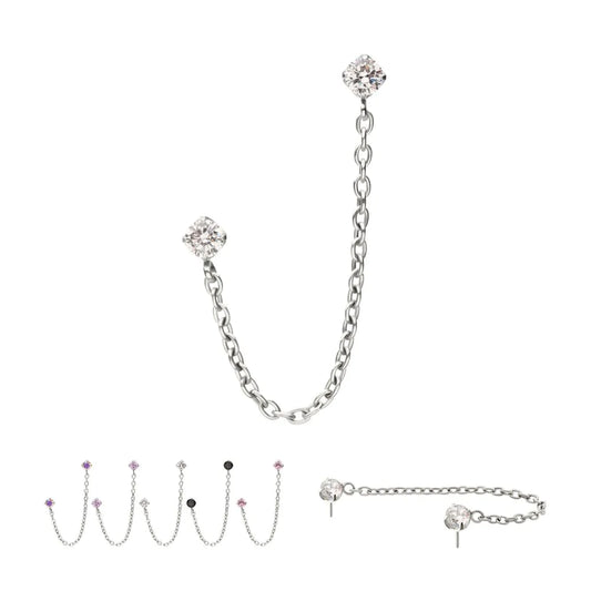 Titanium Threadless Double Prong Set Gem Top with Rolo Chain Dangle