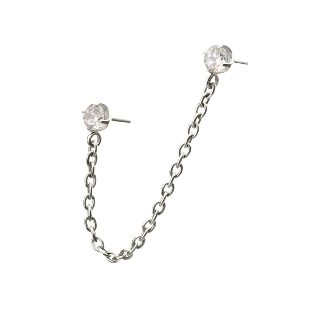 Titanium Threadless Double Prong Set Gem Top with Rolo Chain Dangle